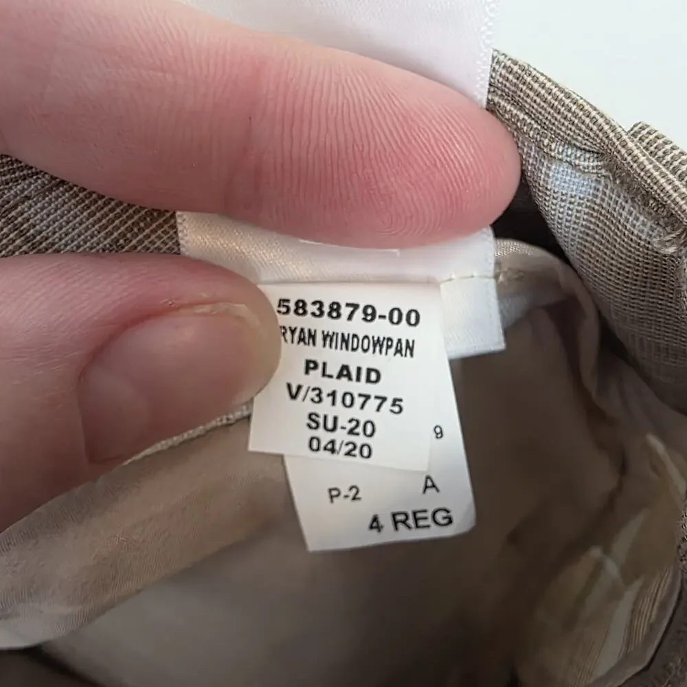 Banana Republic Tan White Windowpane Wool Pleated Ryan Straight Dress Pants Sz 4